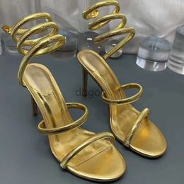 Golden Sandals Rhinestones embellished Metallic cortex Snake Strass stiletto Heel sandals Evening shoes Luxury Designers Wraparound shoe