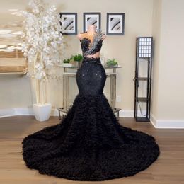 Black Mermaid Long Prom Dresses Beaded Diamond Ruffles Illusion Sexy Formal Party Evening Dress Graduation Gowns Vestidos De Novia
