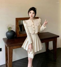 Work Dresses Flykcoozooi Solid Colour Jacket Long Sleeved Single Breasted Suit High Waisted Pleated Skirt Two-piece Set For Women