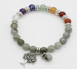 Fashion8mm Natural Stone Elastic Bracelet with Life Tree Pendant and Metal Beads Decoration for Women Gift Whole 3005946