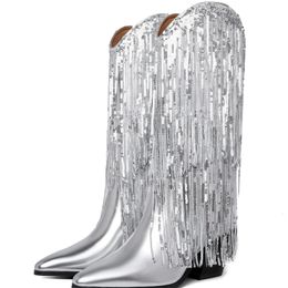 DOREENDORIS Fringe cowgirl boots Women's Western Cowboy Boots Sparkly Metallic Cowboy Boots for Women Pointed Toe Mid Calf Boots 231225