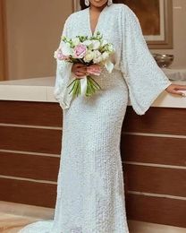 Ethnic Clothing Africa Sequin White African Wedding Party Dresses For Women Spring Long Sleeve V-neck Evening Maxi Gowns