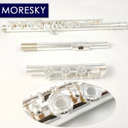 MORESKY 17 Open Holes C Key Flute Cupronickel Silver Plated with E key Carved Pattern