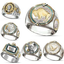 6Pcs lotsHip Hop Two-tone Men Band Rings Buffalo Nickel Honouring The American West Ethnic Style Jewellery Mens Ring Size 7-12201f