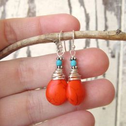 Dangle Earrings Wire Wrapped Orange And Turquoise Earrings. Howlite Tangarine