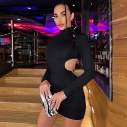 Casual Dresses European And American Ladies Fashion Sexy Open Back Cut Out Chain Slim Long Sleeve Dress Long-Sleeve