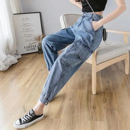 Women's Jeans Cargo With Pockets Trousers Blue Pants For Woman High Waist S Office Summer Z Vintage Wide Leg Hippie Loosefit