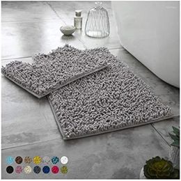 Bath Mats 2 Piece Loop For Bathroom - Non-Slip Chenille Mat Set Rugs Extra Soft Pedestal Bathmat Shower Toilet Grey