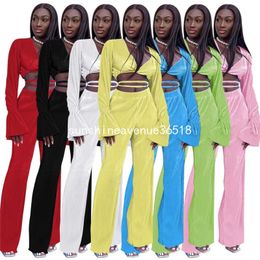 2024 Designer Tracksuits Women Two 2 Piece Sets Fall Long Sleeve Vintage Bandage Flared Sleeve Top and Wide Leg Pants Casual Sportswear Solid Outfits Clothes