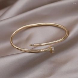 Bangle Korea Design Fashion Jewelry 14K Gold Plated Simple Geometric Zircon Open Bracelet Elegant Women's Daily Work Accessories