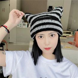 Winter Women Funny Devil Horn Hand Knitted Beanie Street Hip Hop Lady Stretch Casual Warm Striped Pullover Hats Unisex Caps 230920