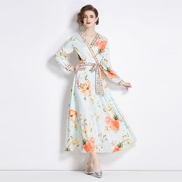 Spring Summer Autumn Runway Vintage Floral Print Collar Long Sleeve Women Ladies Party Casual A-Line Maxi Dress With Belt