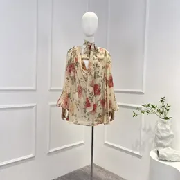 Women's Blouses 2023 Latest Collection High Quality Floral Printing Long Lantern Sleeve Neck Self Tie Loose Casual Women Blouse