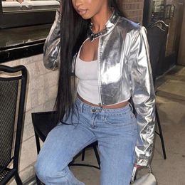 Women's Jackets Silver Metallic Bomber Pu Faux Leather For Women 2023 Autumn Streetwear Fashion Zip Up Cropped Coats Outwear