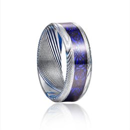 Jqueen 8mm Damascus Steel Inlaid Dragon Pattern Blue Opal Paper Bottom Tungsten Ring Wedding Rings269a