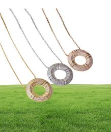 Europe America Fashion Style Lady Women 18K Gold Chain Necklace Engraved T Letter X Closed Circle Full Diamond Roman numerals Pend6076301