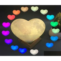 Decorative Objects Figurines Heart Shape Moon Lamp 3D Print Usb Rechargeable Led Light Customized Picture Text For Friend Gifts Be Dh9Ry