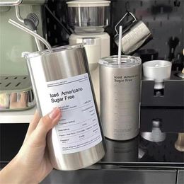 Hot coffee cup 304 stainless steel double layer cooler straw cup portable reusable Ins ice American coffee cup water bottle 231225