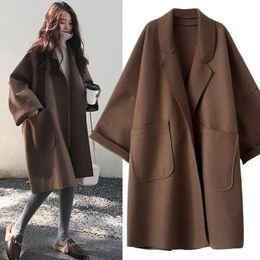 Elegant Woollen Trench Coat Winter for Women Vintage Windbreakers Jacket Mid-Length Loose Turn-Down Collar Plus Size 4XL Cardigan 231225
