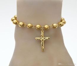 Hip Hop Jewelry 14K Gold Plated Rosary Bead Bracelet Stainless Steel with Jesus Charms Pendant Link Chain Religion Female Pulseira4658792