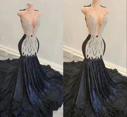 Long velvet Prom Dresses For Black Girls 2024 Beaded Crystal Birthday Party Dresses Evening Gowns Gown Robe De Bal