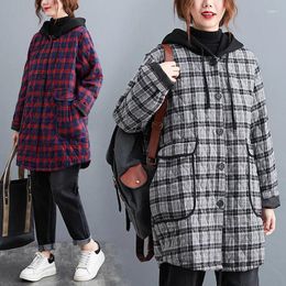 Women's Down 2023 Winter Plus Size Cotton-padded Jacket Clothing Hooded Stitching Plaid Thick Warm Quilted Coats D686