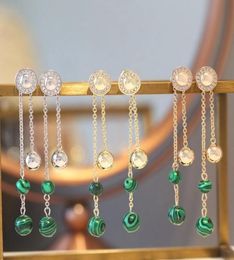 Europe America Fashion Style Lady Women Brass Tassels Malachite Settings Diamond Engraved Letter Engagement Wedding Long Stud Earr9563290