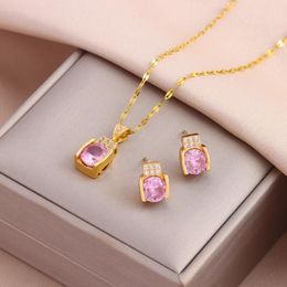 Pendant Necklaces Fashion Sweet Square Pink Zircon Crystal Earrings For Women Female Daily Wear Stainless Steel Jewellery Set