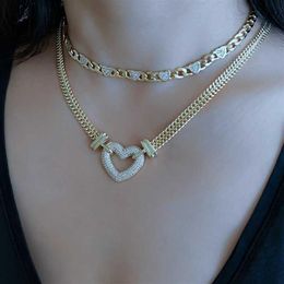 Fashion Gold Cuban Link Chain Choker Necklace Love Heart Punk Silver Color Cubic Zirconia Collar Necklace For Women Jewelry Gift X212j