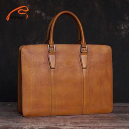 Briefcases Nupugoo Business Men's Briefcase Genuine Leather Original Casual Handbag Man Vintage Shoulder Bag Brown for 14 Inch Laptop Bag