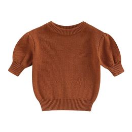 子供用カジュアル半袖セーターファッションソリッドカラーラウンドネックプルオーバーニットウェア231225
