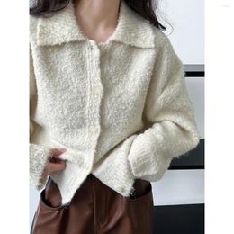 Women's Knits Soft Wool Single Breasted Slouchy Knit Sweater Cardigan Beige Gray Polo's Collar Teddy Jacket