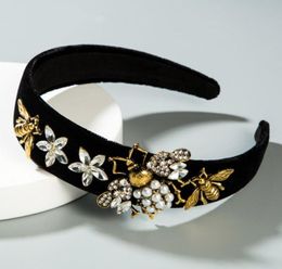 Baroque Rhinestone Bee Model Women Headband Pearl Flower Luxurious Black Bezel Hairband Halloween Hair Accessories7563107