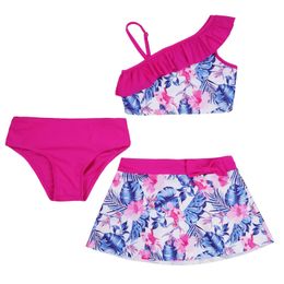 set Kids Girls Tankini Set 3 Piece Floral Print Tank Vest Tops with Bikini Briefs and Skirts Summer Swimwear Swimsuits 414 Years