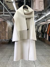 Elegant Big Scarf Collar Horn Buttons Wool Coat Women Loose Korean Fashion Long Winter Jacket 231225