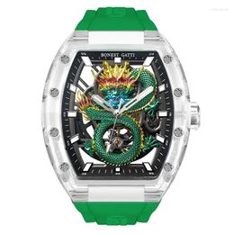 Wristwatches BONEST GATTI Men Automatic Watch Transparent Tonneau Case Mechanical Wristwatch 3ATM Luminous Fluororubber Strap Dragon Dial