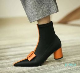 fashion sweet bowtie Elastic material barnd high heels ankle boots for woemn thick heels winter snow women boots