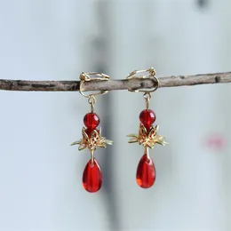 Backs Earrings 1 Pair Lotus Red Pendant Chinese Style Retro Wedding Bridal Hanfu Cheongsam Ear Clips Jewelry Women Girl Gift Jewellery