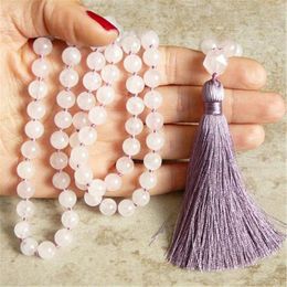 Pendants 8mm Rose Quartz 108 Beads Gemstone Tassel Mala Necklace Retro Buddhism Spirituality Yoga Chakra Tibetan