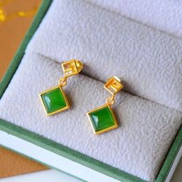 Dangle Earrings Small Ear Studs Women's And Simple Sterling Silver Exquisite Green Vintage Square Natural Jasper Gem