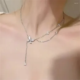 Chains Korean Ins Advanced Simple Crystal Butterfly 925 Sterling Silver Necklace Sweet Temperament Hypoallergenic Clavicle Chain