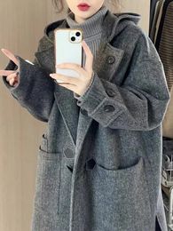 Preppy Style Thick Long Woollen Coat 2023 Winter Korean Fashion Pockets Trench Jackets Female Y2k Outerwear Casual 231225