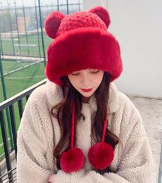 Beanie/Skull Caps Autumn Winter Hat Women Plush Ball y Hooded Solid Cute Woollen Knit Beanie Thick Warm Outdoor Ear Protection Cap8889682