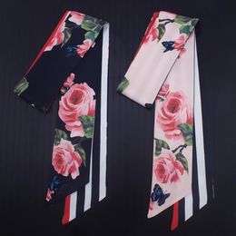 Scarves 7cm 2022 Design Skinny Women Tie Rose Flower Print Silk Scarf Fashion Belt Brand Handbag Small Long ScarvesScarves242n