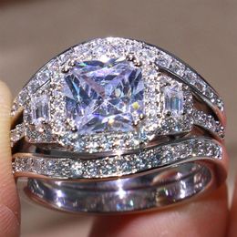 Size 5-11 Jewellery Pave Setting Princess Cut 14kt white gold filled GF Simulated Diamond Topaz 3 IN 1 Women Wedding Engagement Ring278T