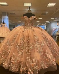 Quinceanera Dresses 3D Floral Appliques Party Prom Ball Gown Off-Shoulder Sleeveless Tulle Lace Applique Zipper Lace Up Plus Size New Custom