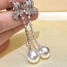 MeiBaPJ 1011mm Natural White Rice Pearls Fashion Bow Long Chain Drop Earrings 925 Silver Fine Wedding Jewellery for Women 231225