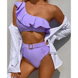 set 2022 New Flounced Swimsuit High Waist Bikini Set Double Layer Swimwear Women Off Shoulder Top Bathing Suit Female Beachwear