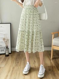 Skirts Summer Women Floral Print A-line High Waist Pleated Mid Length Half Skirt Sweet Elastic Festival Fashion French