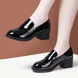 Dress Shoes 5cm British Style Shallow Block Med Heels Genuine Leather Platform Pumps 2023 Black Formal Court Office Ladies